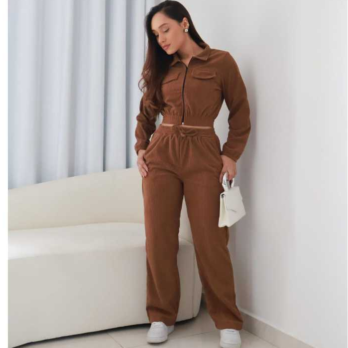 ✨ CONJUNTO FEMENINO VELUDO COTELE – CROPPET COM ZIPER E CALÇA  FLERR