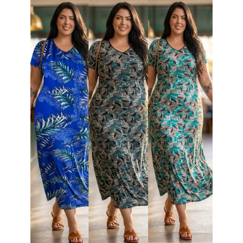 Vestido Feminino Longo Plus Size Tecido Liganete Malha Fria com Elastano Vestido dia a dia G1 ao G3