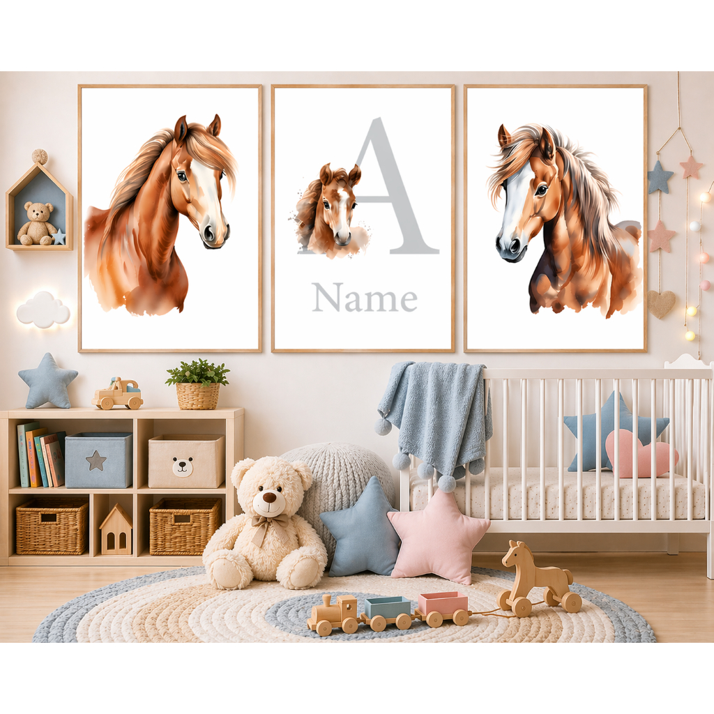Kit Quadros Decorativos Personalizados Cavalos Menina e Menino Decoração Quarto Sala hall 3 peças