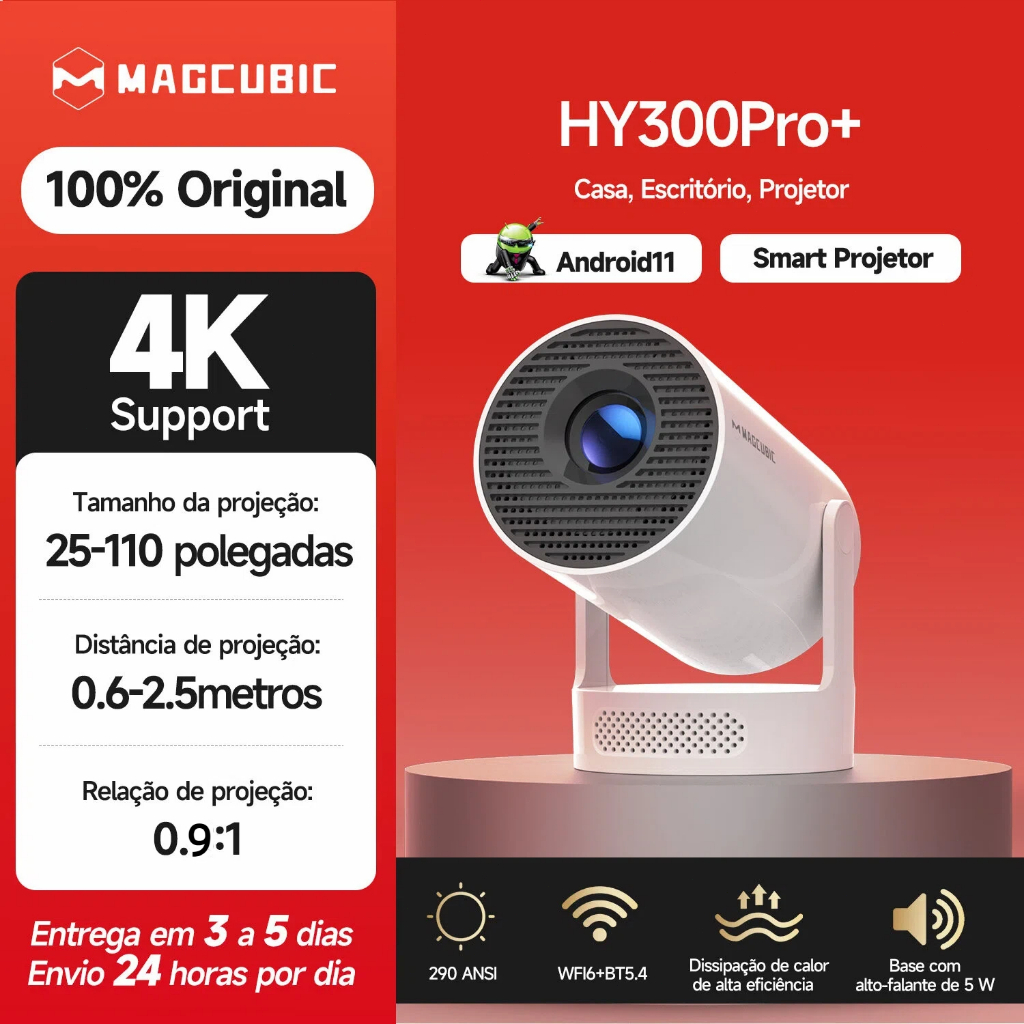 MAGCUBIC Projector HY300 Pro+ 290ANSI Compatível Com Portátil 4k Cinema Em Casa