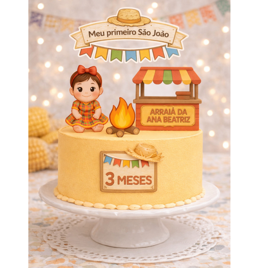 Topo de Bolo Festa Junina Baby + 20 Toppers | Kit São João Personalizado Mesversário | Meu Primeiro São João