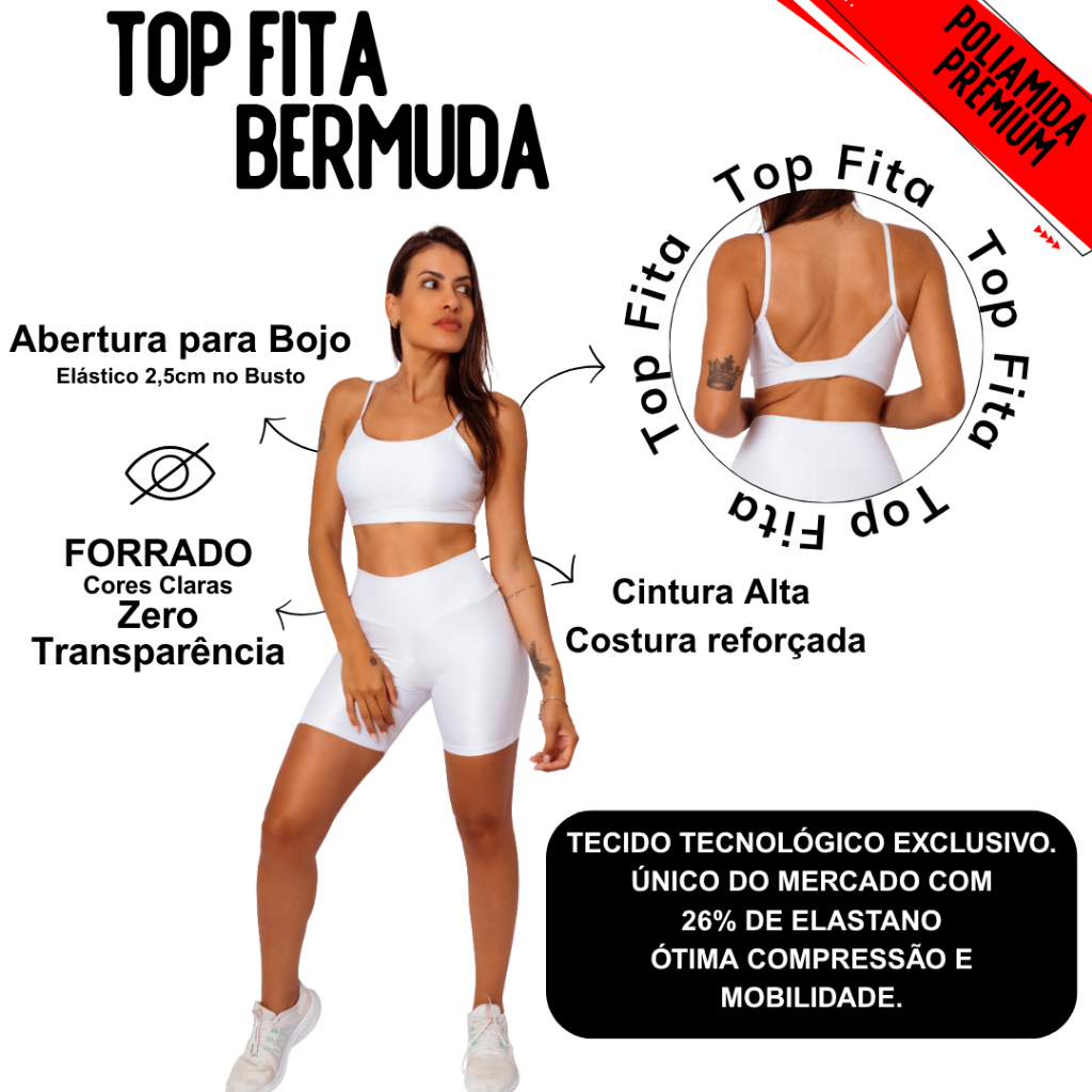 Conjunto Top Fita + Bermuda Meia Coxa Micro Canelado Academia Crossfit Abertura Bojo