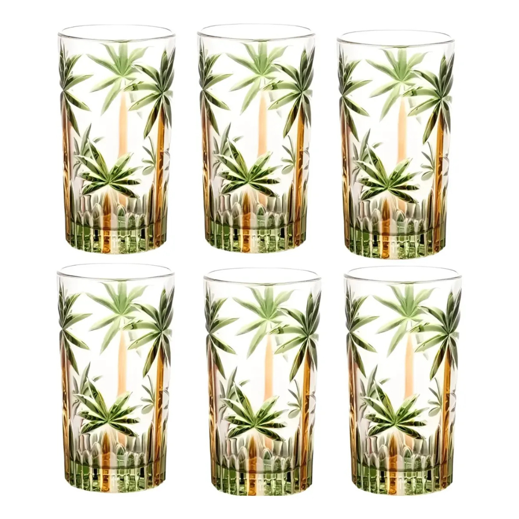 Jogo De Copos Altos De Cristal 6 Peças 360ml Para Sucos Drinks Água Coquetel Palm Tree Coqueiro Wolff Handpaint Palmeira