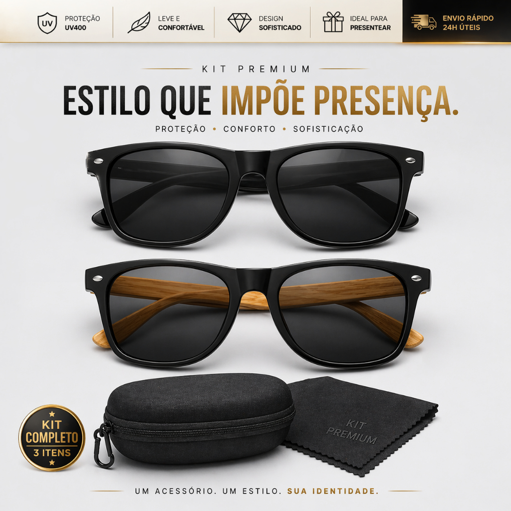 Óculos de Sol Kit Unissex Proteção Uv400 Haste Estilo Madeira Premium Estojo Protetor Envio Imediato