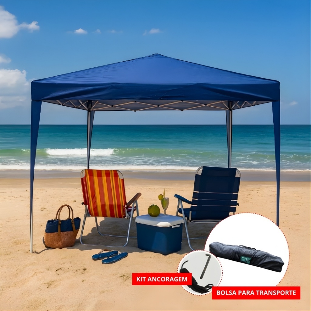 Tenda De Praia Sanfonada Eagle Force Gazebo 3x3 Articulado Pé Aluminio Garagem Carro Piscina