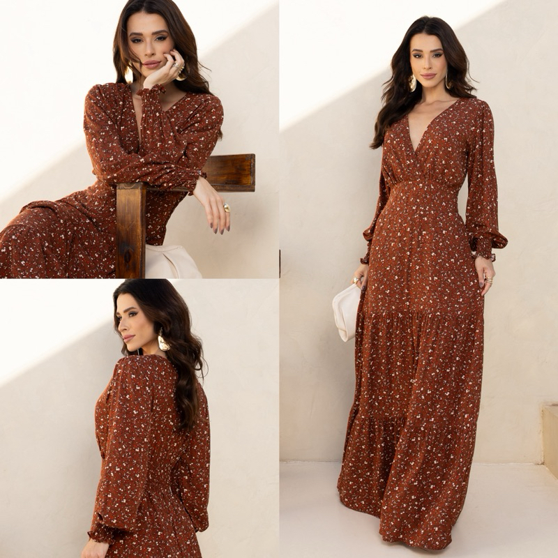 Vestido Longo Manga Comprida Gola V Floral Tecido Viscolinho Forrado