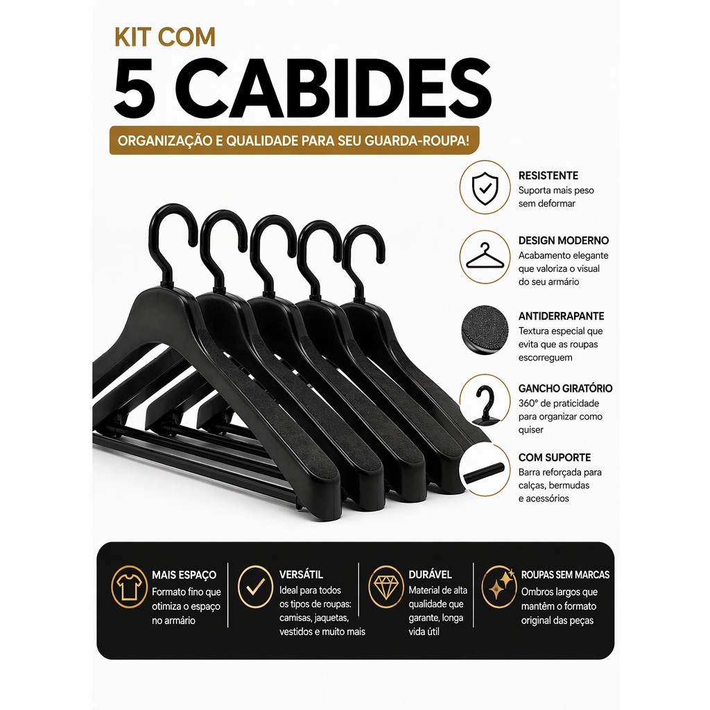 Kit 5 Cabides Reforçados 45cm Ombro Largo Gancho Giratório para Ternos Casacos Blazers