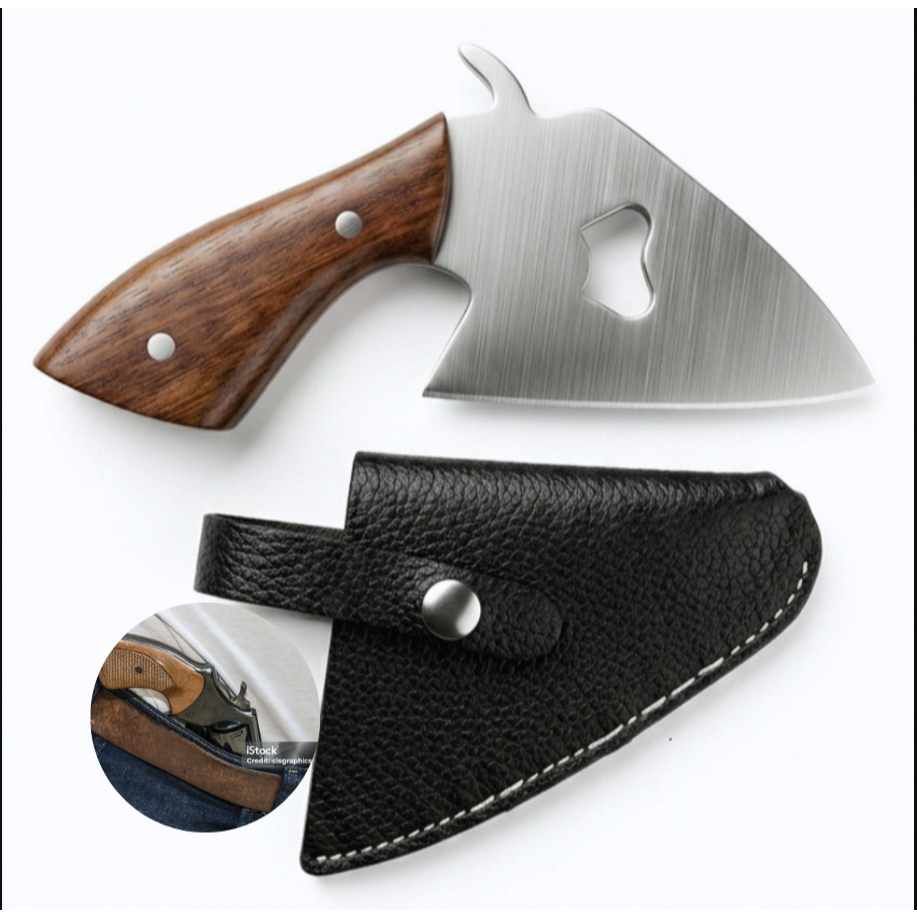 Faca Mini Revolver 38 Farrover — Bainha Formato Revólver · Cabo Madeira · Aço Inox