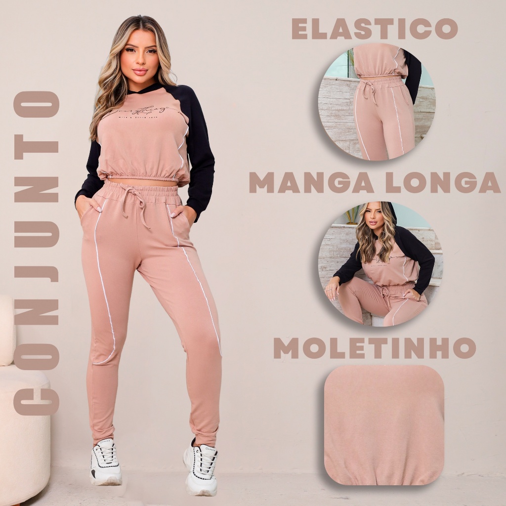 Conjunto Moletinho Feminino Inverno Outono Moda Manga longa Calça y Blusa com Vivos Blanco .