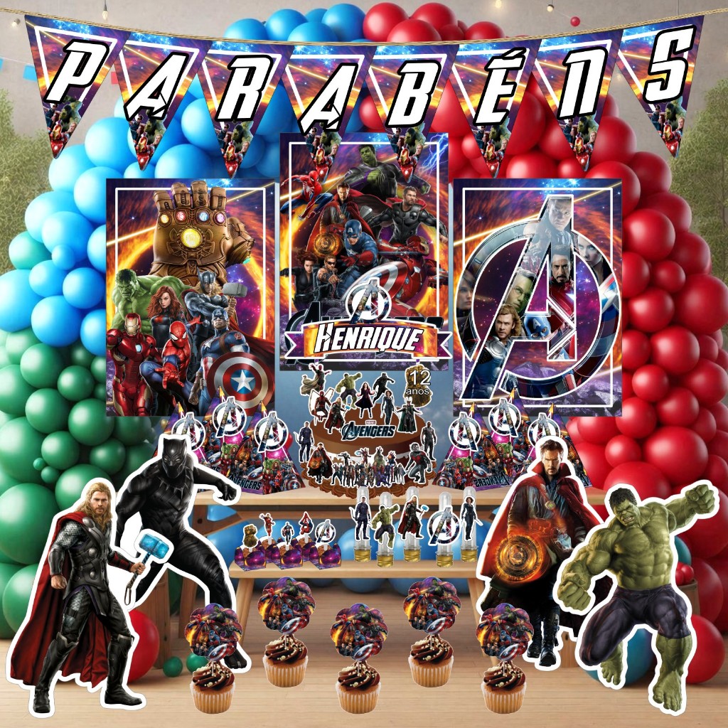 Kit Festa Aniversário Personalizado Vingadores Super Heróis 78 itens - Decoração Lembrancinhas