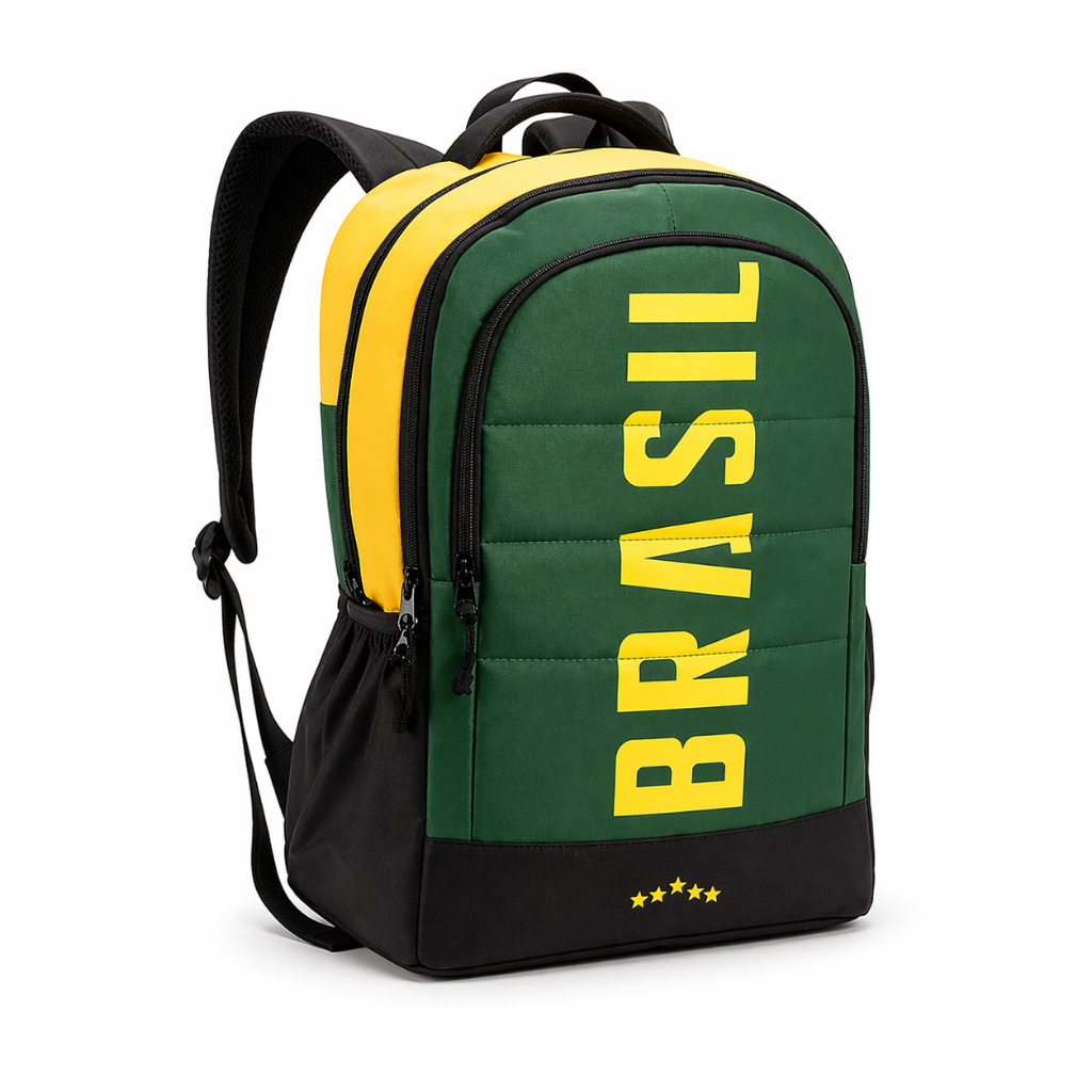 Mochila Masculina Brasil Copa 2026 Escolar Esportiva Grande Resistente Impermeável Trabalho Viagem Verde e Amarelo