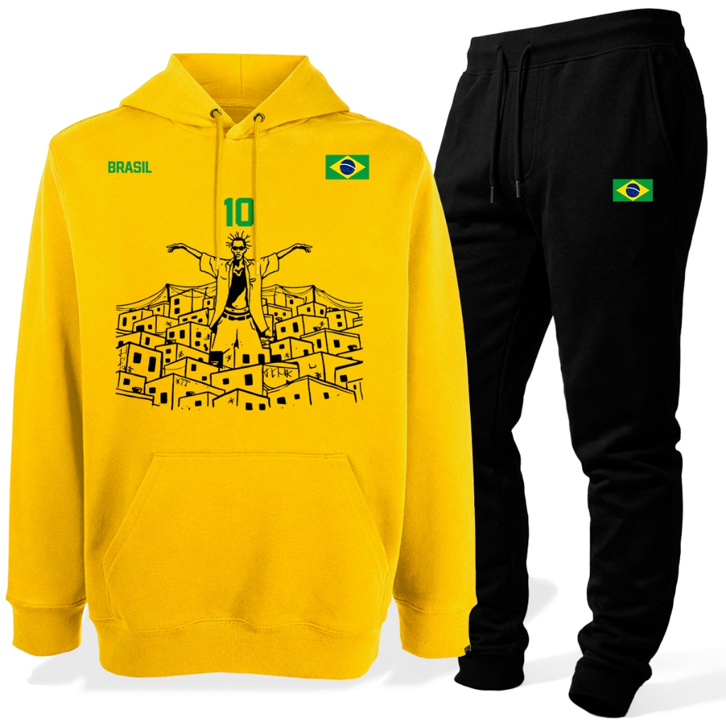 Kit Conjunto Moletom Brasil Favela Copa Do Mundo Seleção Brasileira Algodão Blusa De Frio E Calça