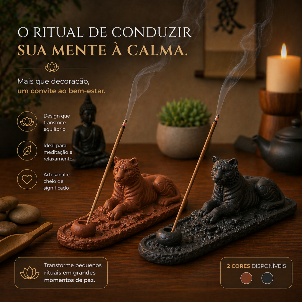 Imagem Porta Incenso Incensário Tigre Decoração Zen Yoga Meditação Aromaterapia Cascata Fumaça Cores Kit