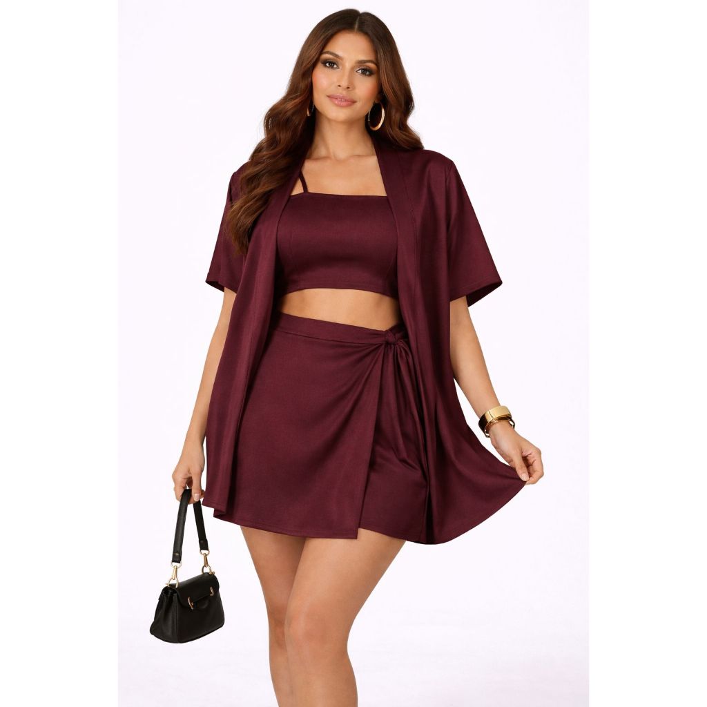 Conjunto Feminino 3 Peças Cropped + Short Saia + Kimono | Look Completo Elegante Casual