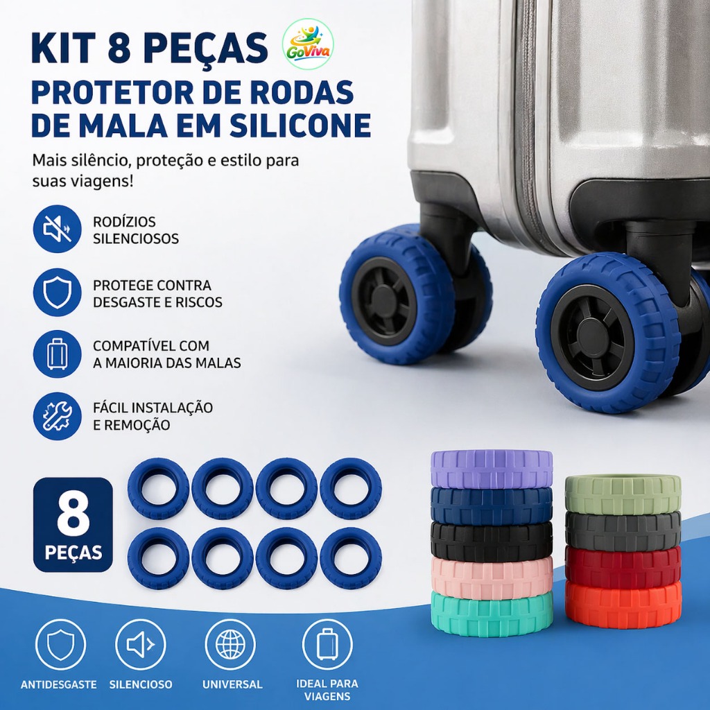 Kit 8 Peças Protetor de Rodas de Mala em Silicone Universal para Bagagem - Capas para Rodízios Silenciosos, Antidesgaste