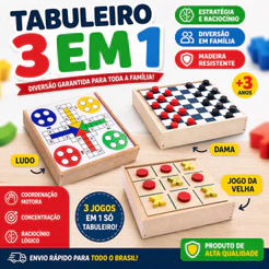 Jogo de Tabuleiro 3 em 1 com Dama, Ludo e Jogo da Velha para Momentos Incríveis em Família e com Amigos em MDF