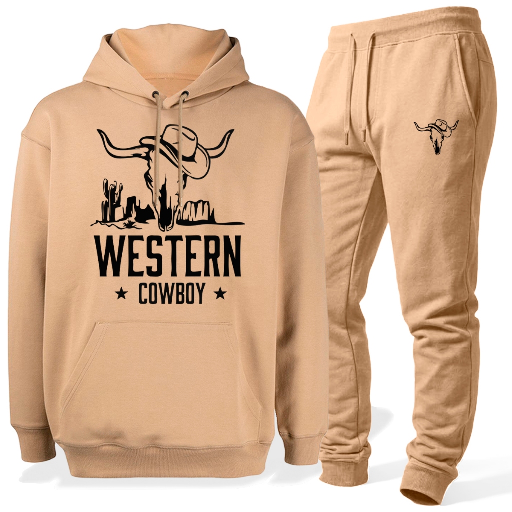 Conjunto Moletom Com Capuz Bolso E Calça Cowboy Texas Blusa Canguru Algodão Flanelado Quentinho Kit
