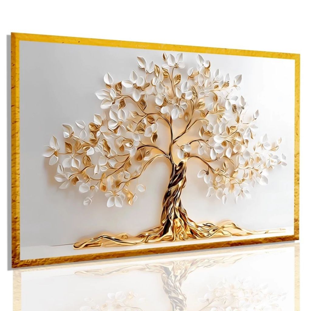 Quadro Decorativo Grande Arvore Da Vida Petala Branca e Dourada Quarto Sala Hall Casa
