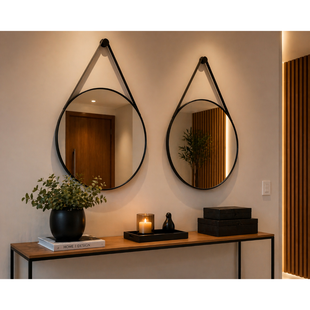 Kit 2 Espelhos Adnet 40cm com Alça de Couro Preto e Caramelo Para Sala Quarto Banheiro