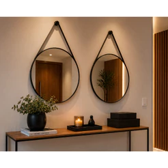 Kit 2 Espelhos Adnet 40cm com Alça de Couro Preto e Caramelo Para Sala Quarto Banheiro