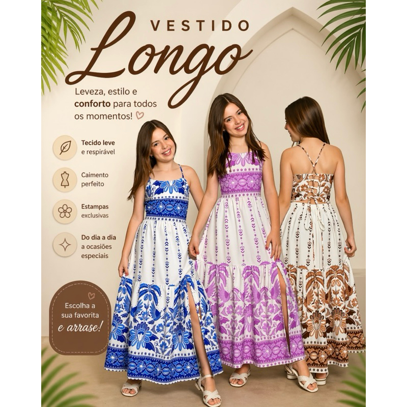 Vestido Longo  Juvenil Estampado com Fenda 10 ao 16 Indiano