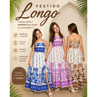 Vestido Longo  Juvenil Estampado com Fenda 10 ao 16 Indiano