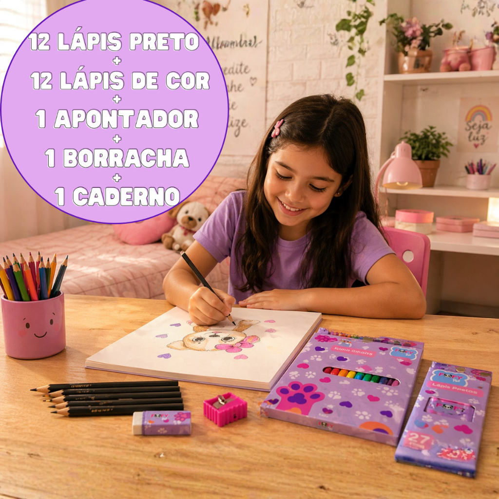 Kit de Desenho Pintura Infantil 27 Peças Pets Patinhas Desenho Material Escolar Presente Fofy