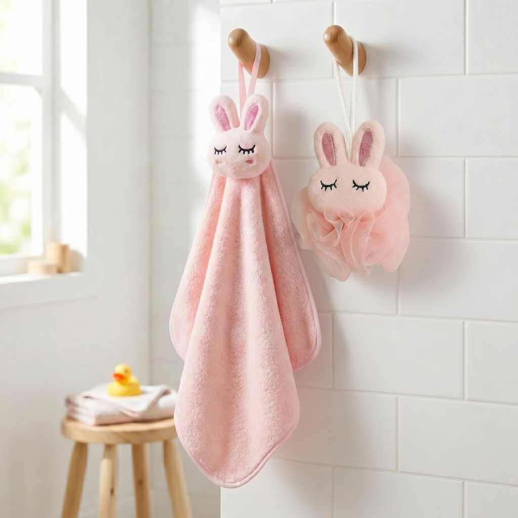 Kit Banho Infantil Esponja E Toalha De Rosto Macia Hipoalergênico Menina Menino Varias Cores