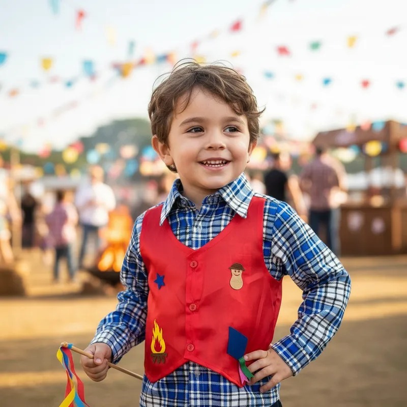 Fantasia Festa Infantil Menino Camisa Manga Longa Xadrez Azul E Colete Vermelho Junino Temático Arraial São João