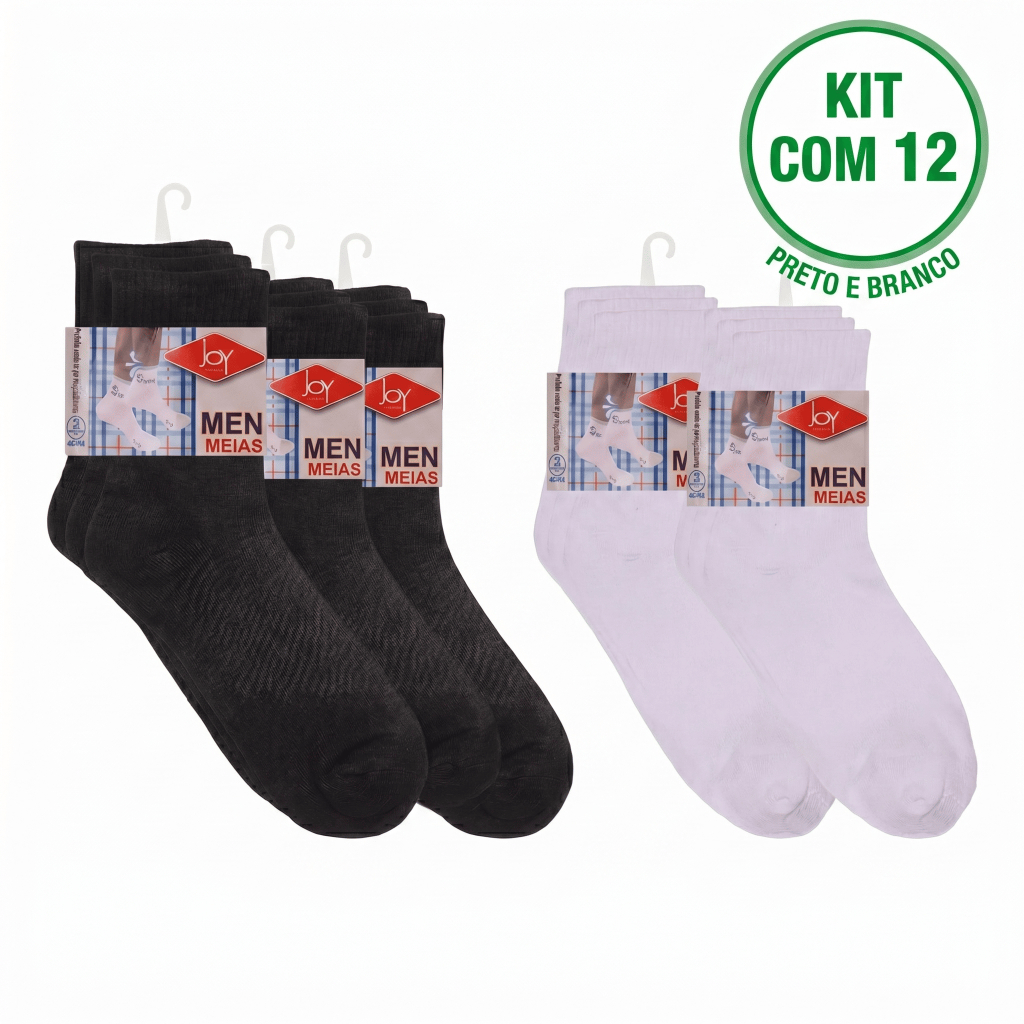 Kit 12 Pares Meia Cano Alto Unissex Algodão Grossa Confortável E Respirável Sport Academia Branca ou Preta