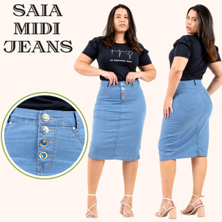 Saia Jeans Midi Evangélica Com 4 Botões-HJ Moda Evangélica No Cristal