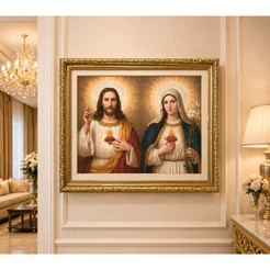 Quadro Sagrado coração Jesus e Maria 40x50 cm - moldura dourada - quadro decorativo