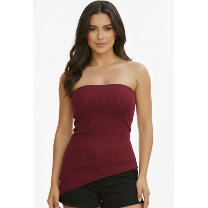 Blusinha Tomara que Caia Assimétrica Malha Canelada Com Bojo Ribana Fenda Lado Regata Charmosa Elegante Moda Fashion