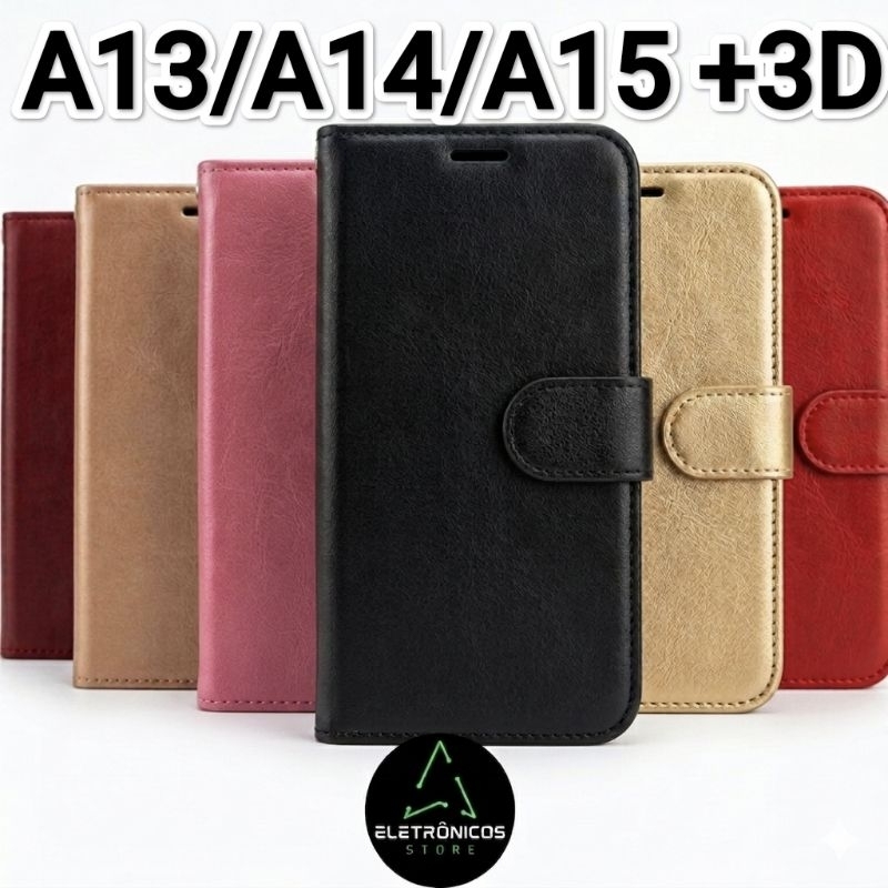 Kit Capinha Carteira Couro Flip+Película 3D Vidro Temperado Samsung A13 4g/A14/A15