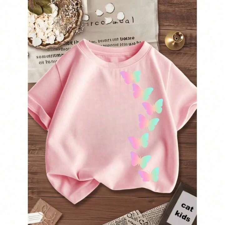 Camiseta 100% Algodão Blusa Blusinha Infantil Feminina Modinha Borboleta Colorida 100% Algodão Businha Linda Confortavel