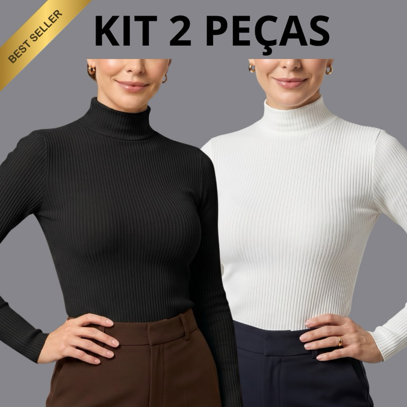 KIT 2 Blusa Cacharrel Feminina Canelada Gola Alta Manga Longa Segunda Pele Inverno Básica Confortável