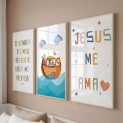 Quadro Parede Decorativo Infantil Jesus Me Ama MDF 40x60 3 Peças Fofo Bebe Moderno