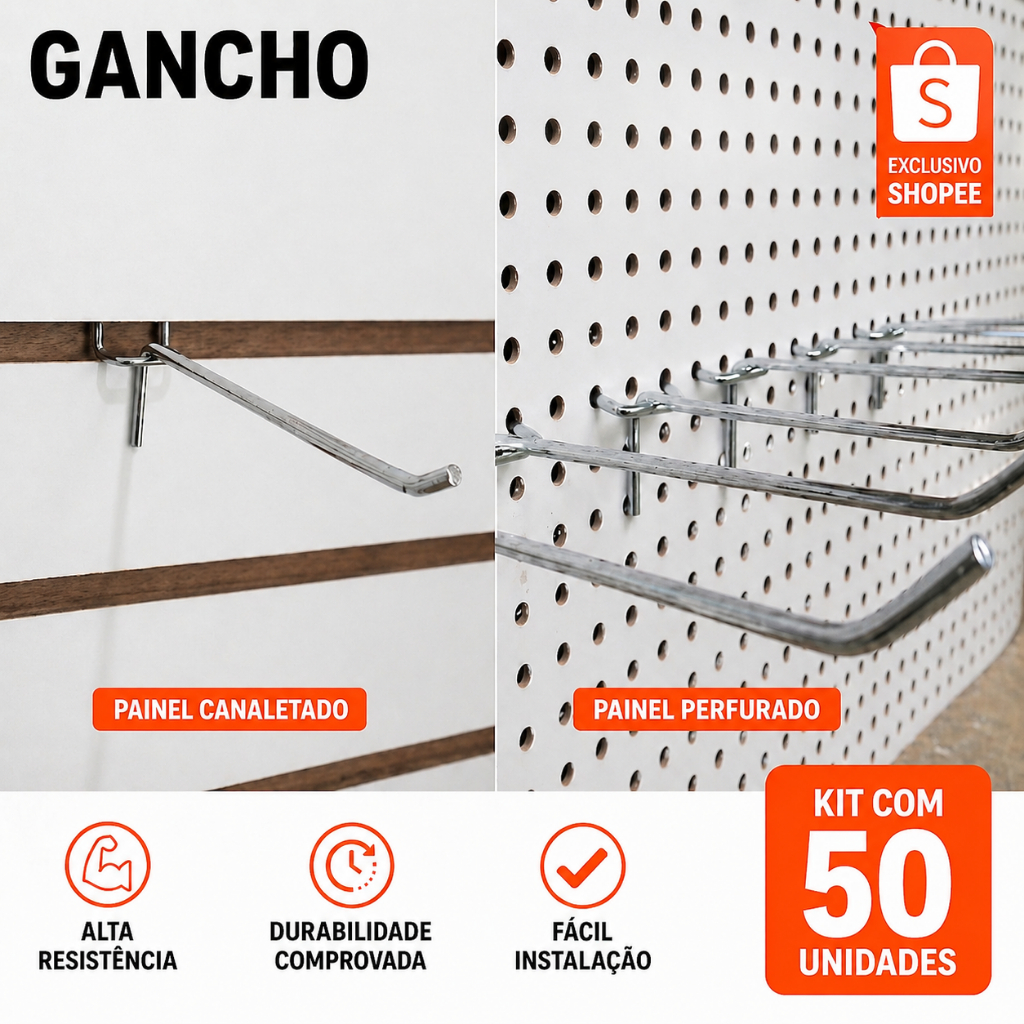kit 50 - Ganchos Eucatex Para Painel Perfurado ou Canaletado Expositor de loja nos Tamanhos 5cm 10cm 15cm 20cm 25cm