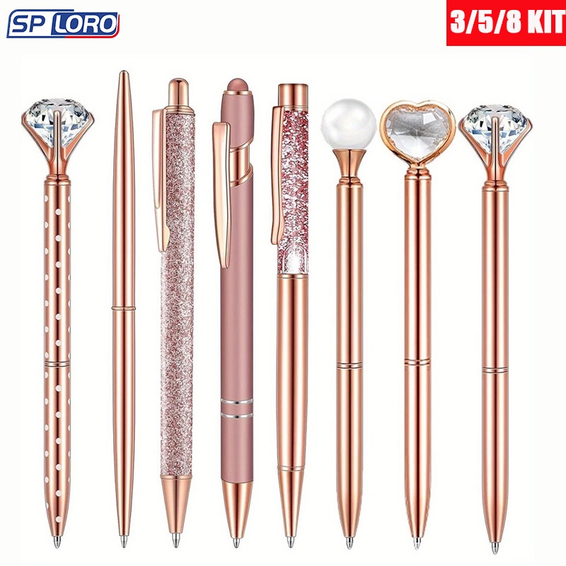 3/5/8 PCS Conjunto De Canetas Esferográficas Com Glitter Em Ouro Rosa Design De Cristal XK-KHH-H12