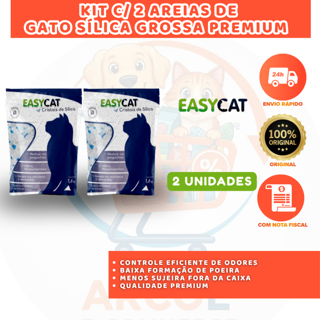 KIT 2 AREIAS DE GATO EASY CAT SÍLICA GROSSA 1,6KG CONTROLE DE ODORES EFICIENTE
