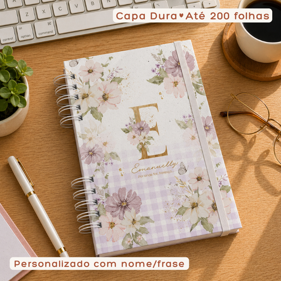 Caderno de Anotações A5 Personalizado Com Inicial Nome na Capa Floral Alfabeto Capa Dura Feminino Florido Borboletas