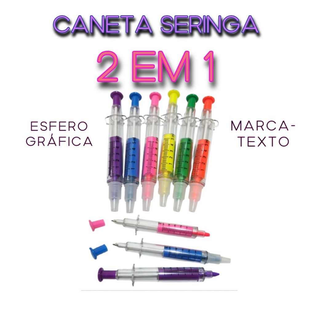 Caneta Seringa 2 em 1 Criativa | Caneta + Marca-Texto | Papelaria Fofa Diferente | 6 cores
