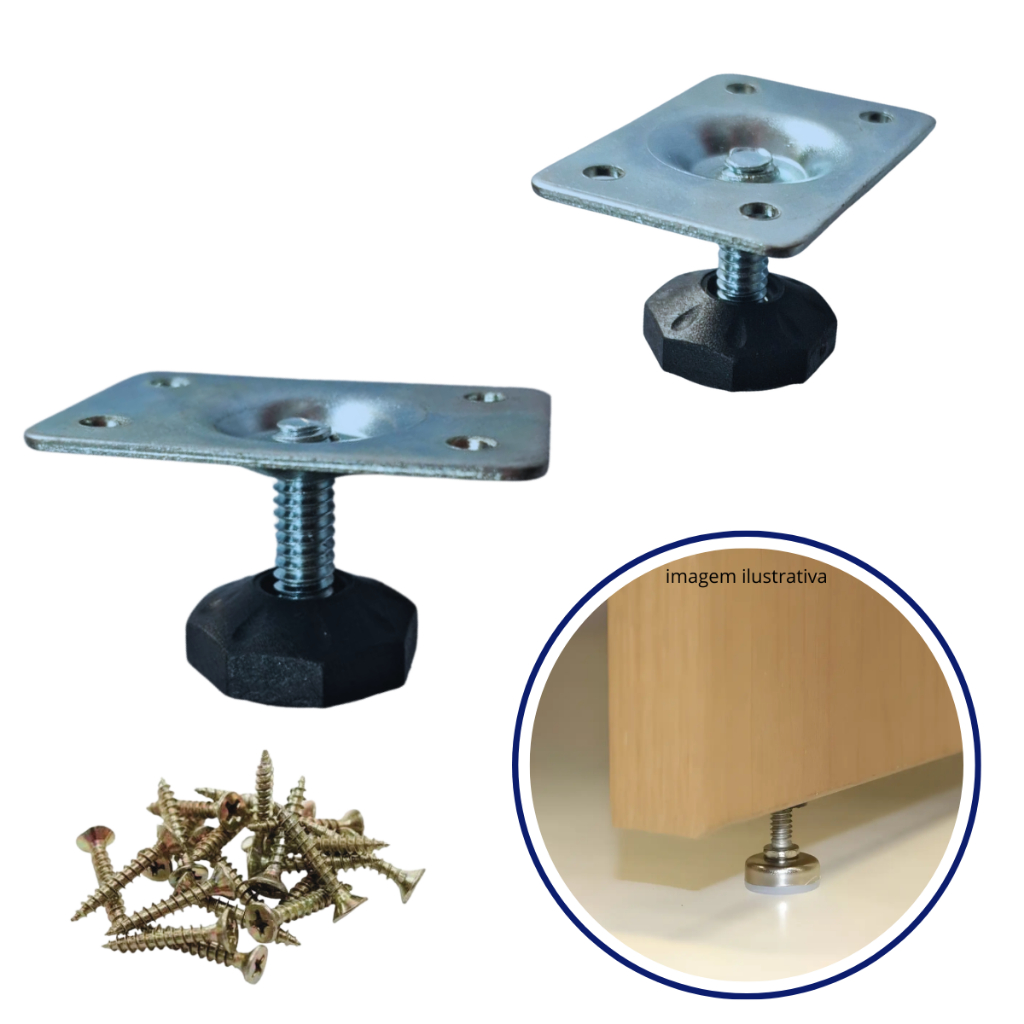 Kit Sapata Pé Nivelador Pto 1/4" ou 5/16" Com Chapa Reta para MDF com Prafusos
