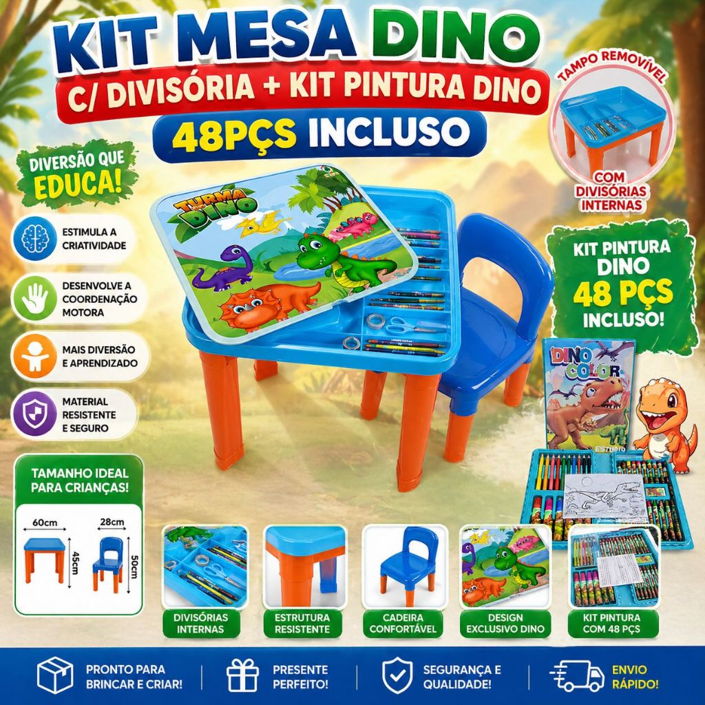 Kit Mesa Infantil Dino Mesa c/ Divisória + Cadeira + Kit Pintura Dino 48 Pçs+ kit Adesivos Educativo