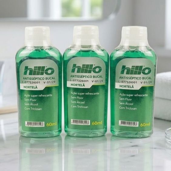 kit 3 Mini Enxaguante Bucal Hillo Hortelã 60ml Hálito Fresco Compacto Antisséptico de Bolsa