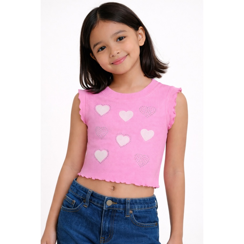 Regata Infantil em Tecido Ribana com Corações em Silk e Detalhes em Strass