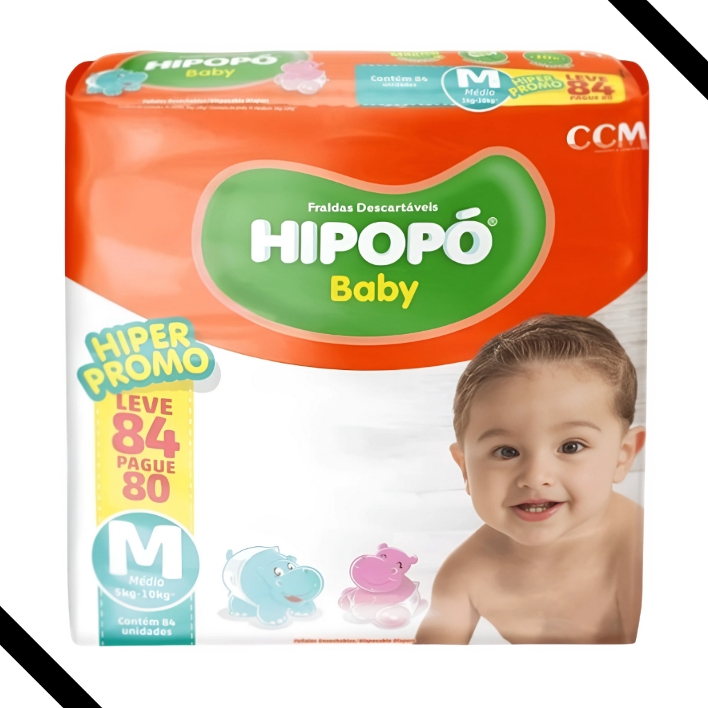 Fralda Descartável Hipopó Baby M Pacotão Hiper 84 Unid. Econômica