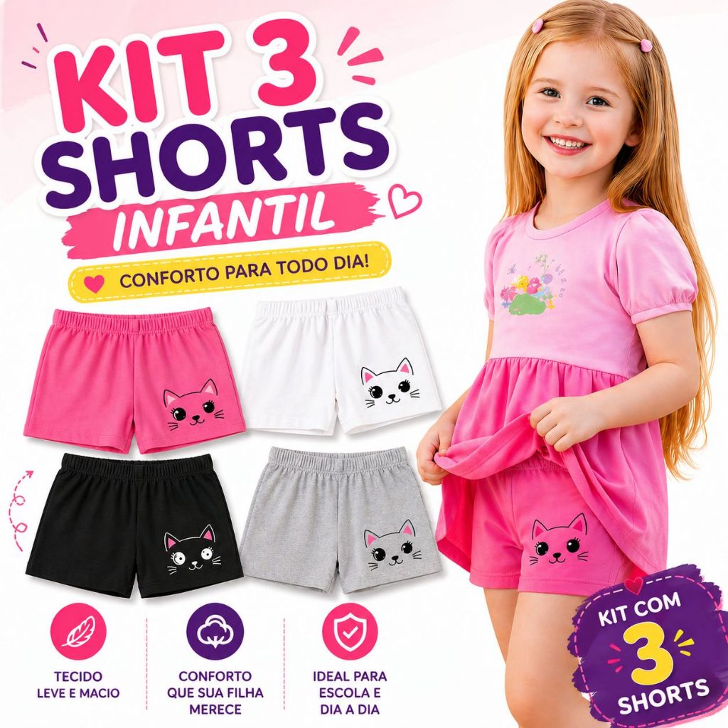 Kit com 3 Shorts Infantil menina com Estampa de Gatinho. Tam.1 a 12 anos