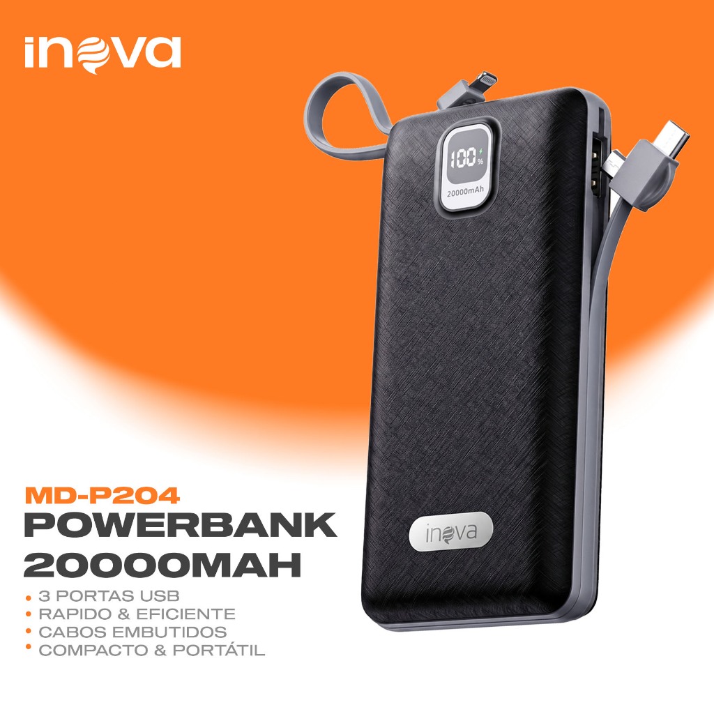 INOVA 20000mAh Power Bank 22.5W Display Cabos Embutidos USB-C Lightning Carga Rápida iPhone Android