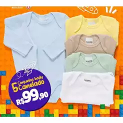 Kit 5 Conjuntos Body e Calça Bebê Pagão canelado Longo 100% Algodão